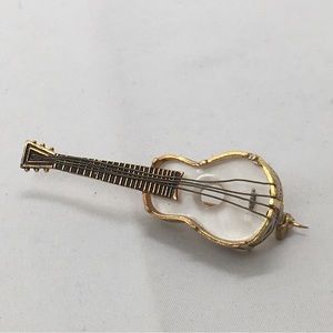 Vintage Damascene And Mother Of Pearl, MOP, Guitar Brooch, Spain, 1950’s